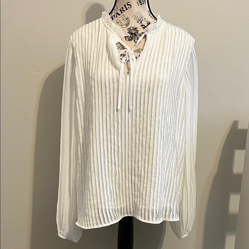 Halogen White Pleated Blouse with Tie Neck